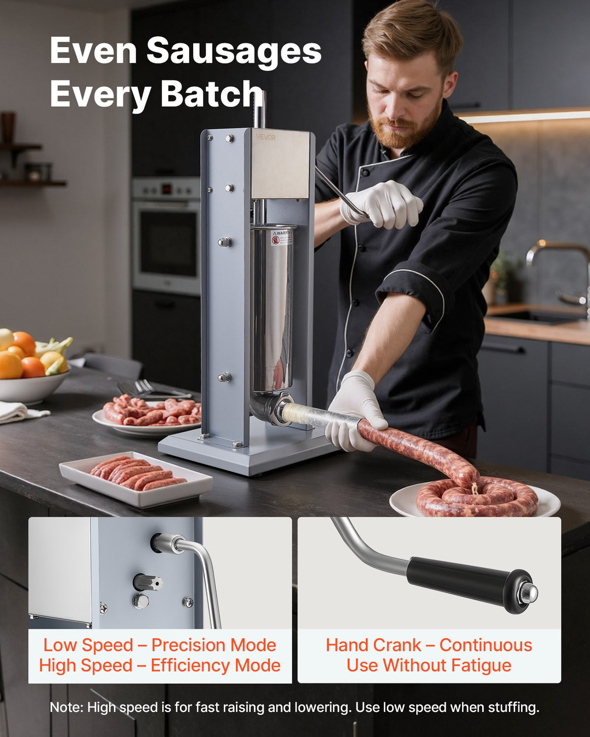 VEVOR Manual Sausage Stuffer, 11 LBS / 5 L Vertical Meat Stuffer, Heavy Duty Sausage Casing Meat Stuffing Machine, Dual-Speed Stainless Steel Filler with 5 Filling Tubes, for Commercial and Home Use