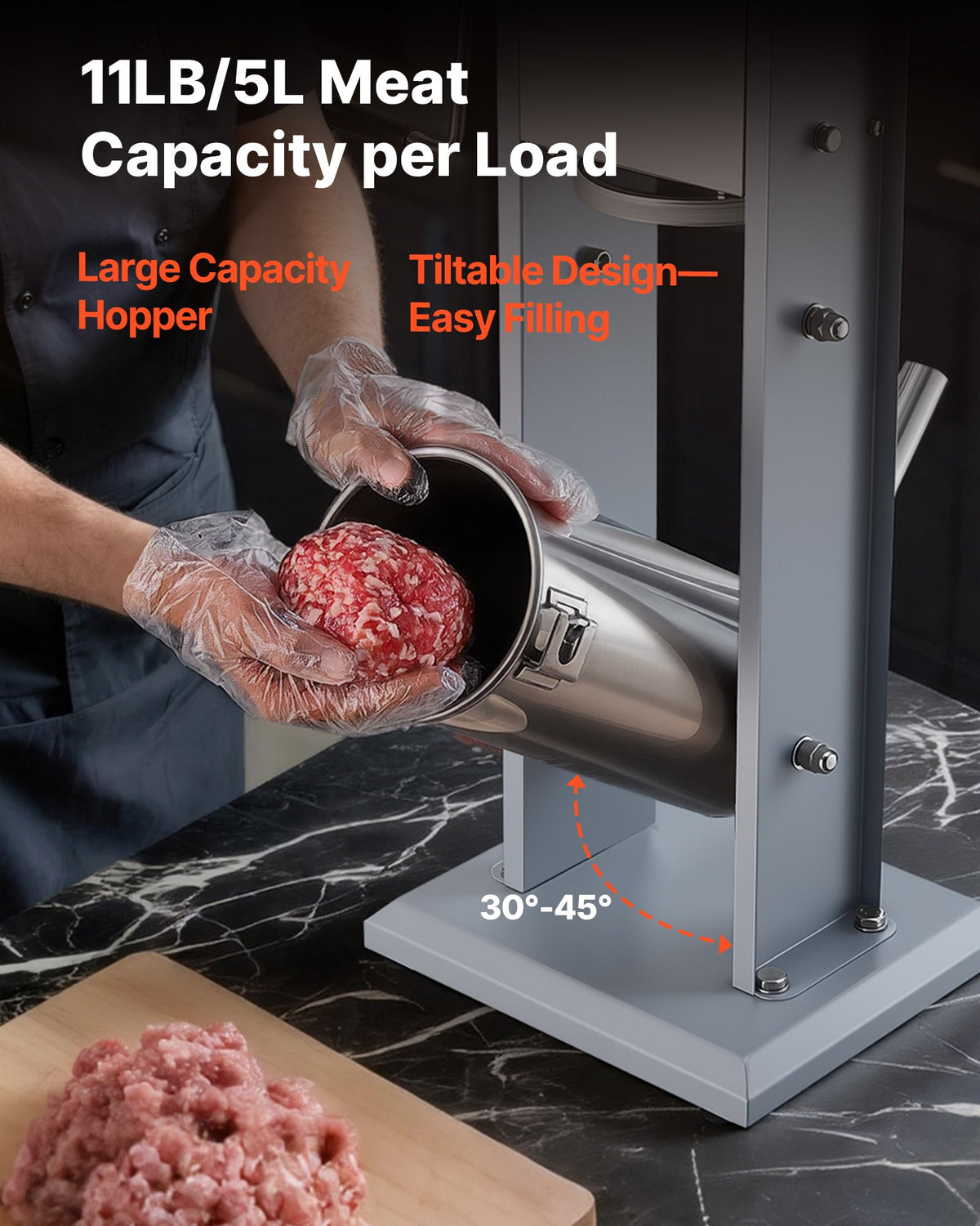 VEVOR Manual Sausage Stuffer, 11 LBS / 5 L Vertical Meat Stuffer, Heavy Duty Sausage Casing Meat Stuffing Machine, Dual-Speed Stainless Steel Filler with 5 Filling Tubes, for Commercial and Home Use