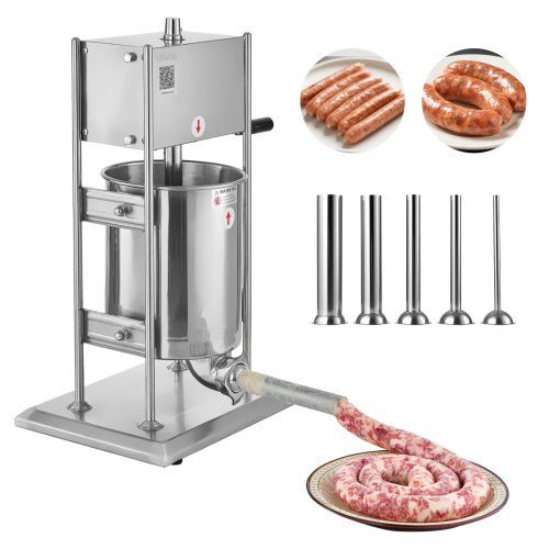 VEVOR Manual Sausage Stuffer, 22 LBS / 10 L Vertical Meat Stuffer, Dual-Speed Sausage Casing Meat Filling Machine, Stainless Steel Heavy Duty Filler with 5 Stuffing Tubes, for Commercial & Home Use