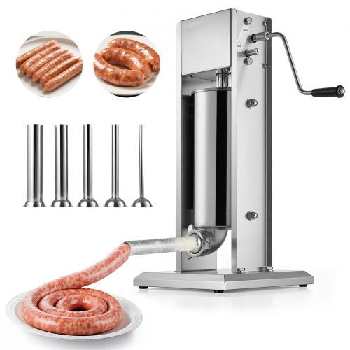 VEVOR Manual Sausage Stuffer, 11 LBS / 5 L Vertical Meat Stuffer, Dual-Speed Sausage Casing Meat Filling Machine, Stainless Steel Heavy Duty Filler with 5 Stuffing Tubes, for Commercial & Home Use