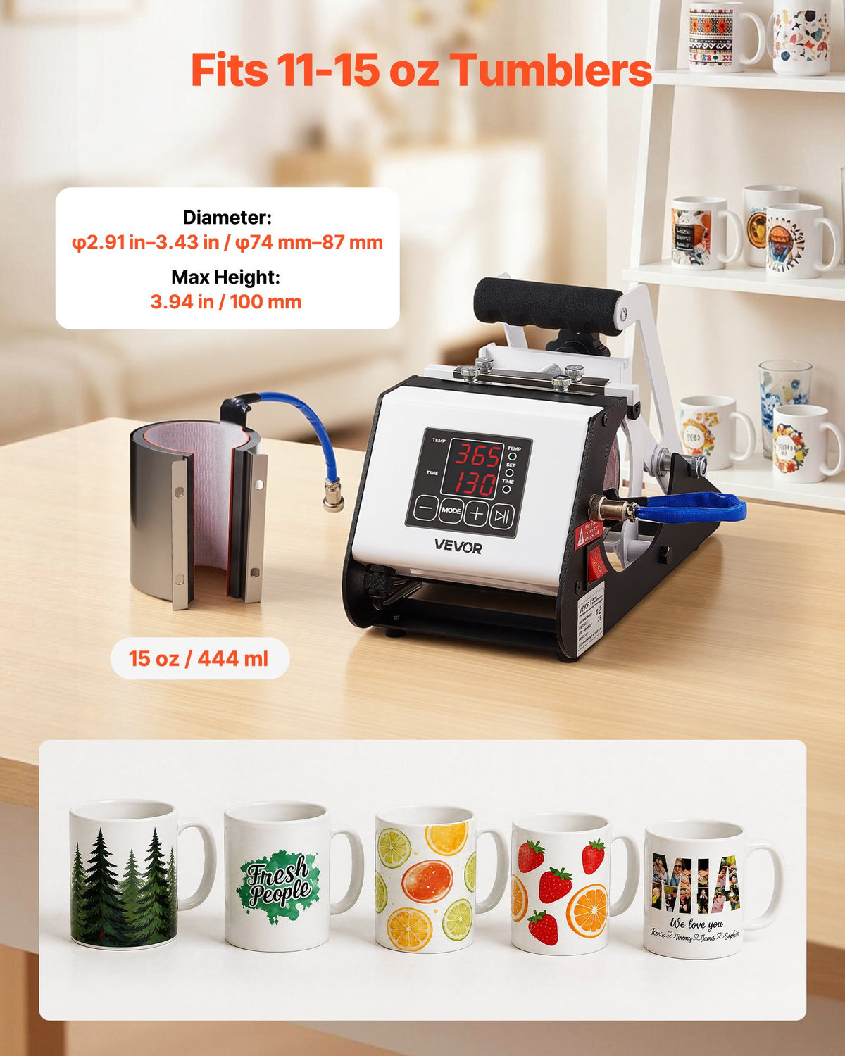 VEVOR Tumbler Heat Press Machine, Max 444 mL Mug Press, Fast and Even Heating, with Tape and Gloves, Easy Temp and Time Setting, Heat Transfer for Sublimation Tumblers, Cups, Mugs, Black and White