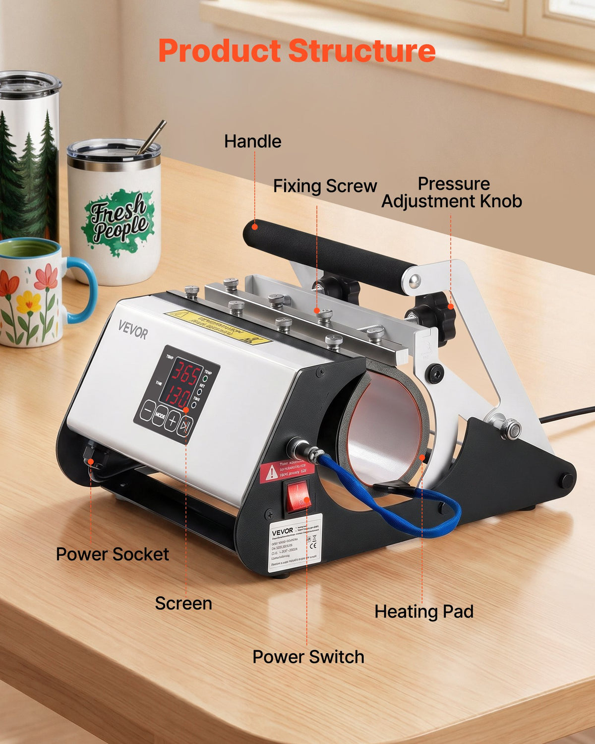 VEVOR Tumbler Heat Press Machine, Max 887 mL Mug Press, Fast and Even Heating, with Tape and Gloves, Easy Temp and Time Setting, Heat Transfer for Sublimation Tumblers, Cups, Mugs, Black and White