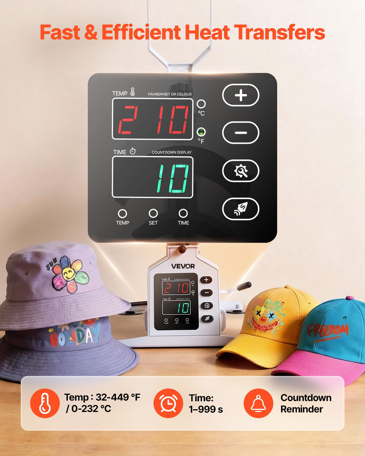 VEVOR Hat Heat Press Machine, 215 x 100 mm Large Heating Plate, with Caps Stretcher, Precise Temperature & Time Control, Heat Press for Hats and Caps, for HTV Iron On and Sublimation Projects, White