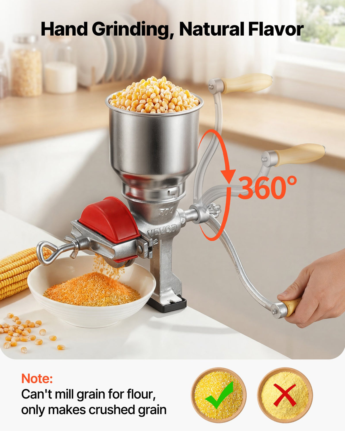 VEVOR Manual Grain Mill with High Hopper, Hand-Crank Corn Grinder, Heavy Duty Cast Iron Wheat Grinding Mill with Stable Table Clamp & Dust Cover for Grains Spices Coffee Beans Nuts