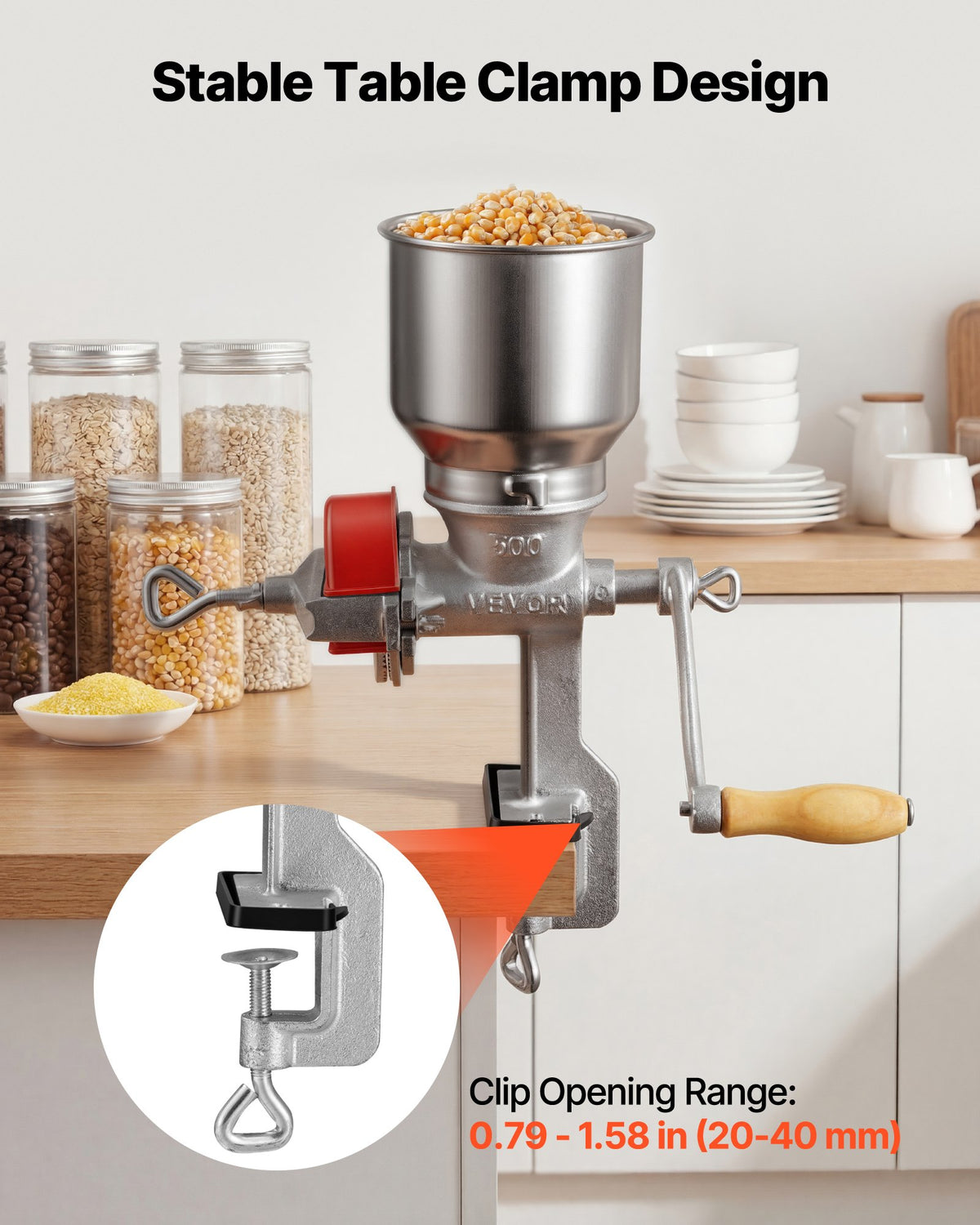 VEVOR Manual Grain Mill with High Hopper, Hand-Crank Corn Grinder, Heavy Duty Cast Iron Wheat Grinding Mill with Stable Table Clamp & Dust Cover for Grains Spices Coffee Beans Nuts