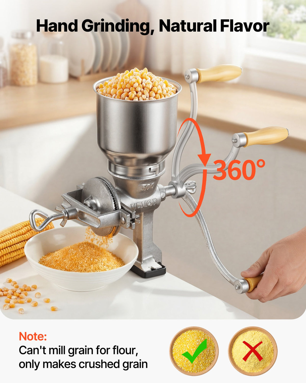 VEVOR Manual Grain Mill with High Hopper, Hand-Crank Corn Grinder, Heavy Duty Cast Iron Wheat Grinding Mill with Stable Table Clamp for Grains Spices Coffee Beans Nuts