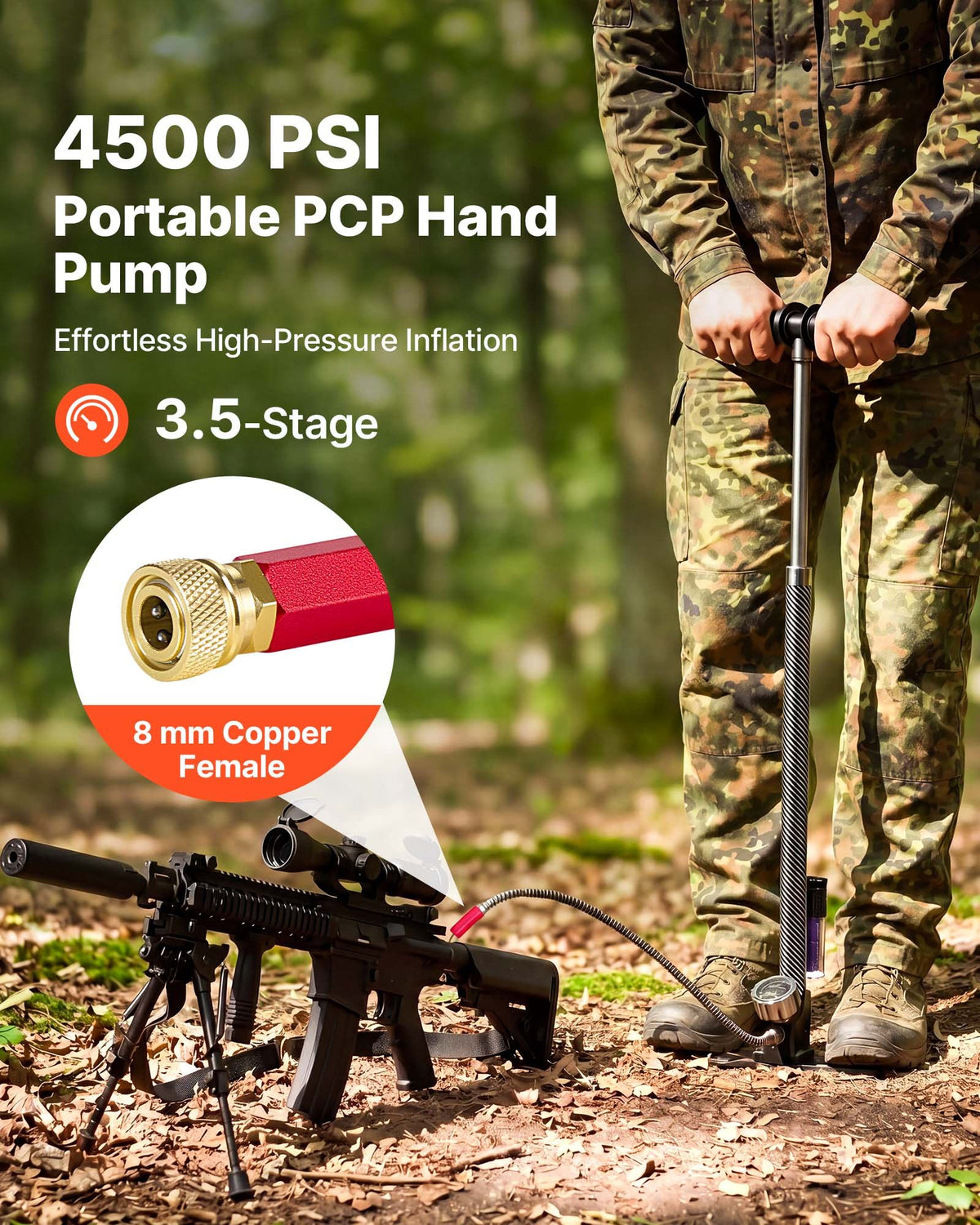 VEVOR PCP Hand Pump, 3.5 Stage, High Pressure Air Rifle Filling Stirrup Pump, 31.03 MPa 4500 PSI, with Oil-Moisture Filter, Pressure Gauge, Stainless Steel Body, for Airguns Paintball Tire Filling