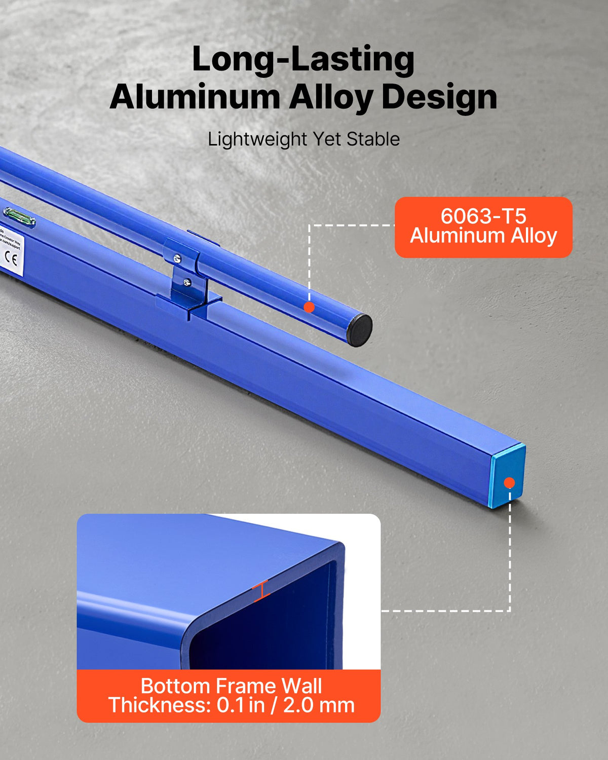 VEVOR Concrete Screed 1200 mm Manual Screed Board Aluminum Alloy Blue, Built-in Bubble Level, Powder-coated Finish, Lightweight Paver Leveling Tool for Patio, Sidewalk, Garage Floor Finishing
