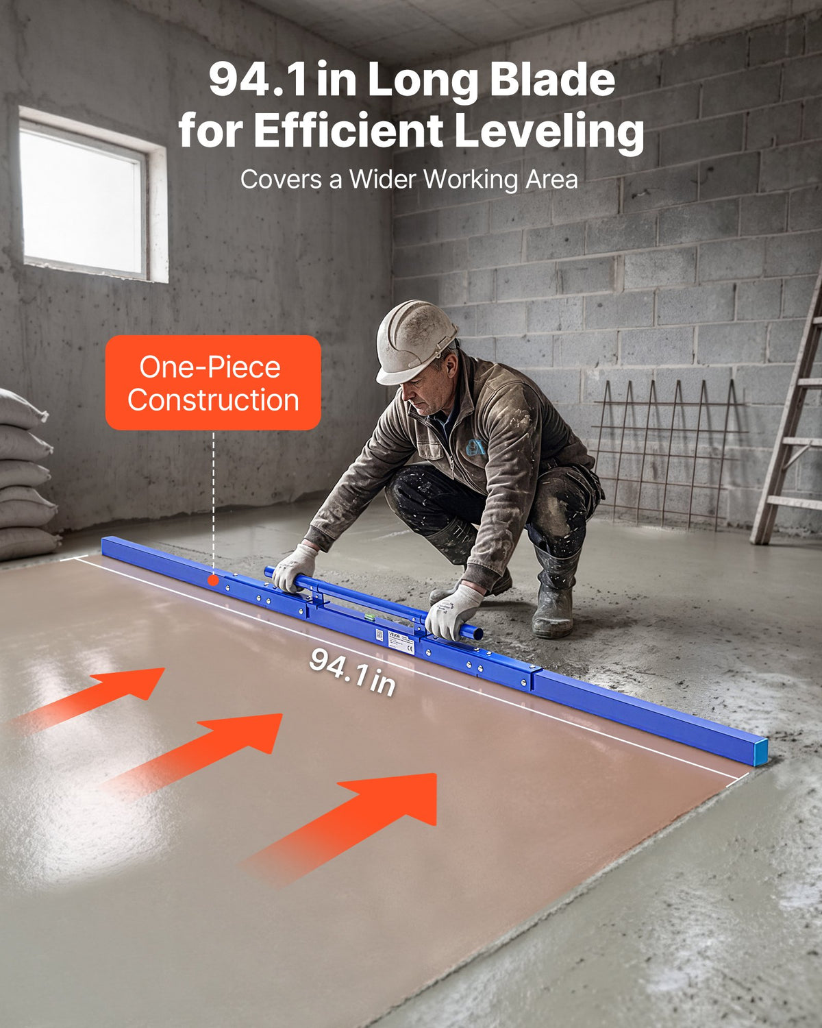 VEVOR Concrete Screed 2430 mm Manual Screed Board Aluminum Alloy Blue, Built-in Bubble Level, Powder-coated Finish, Lightweight Paver Leveling Tool for Patio, Sidewalk, Garage Floor Finishing