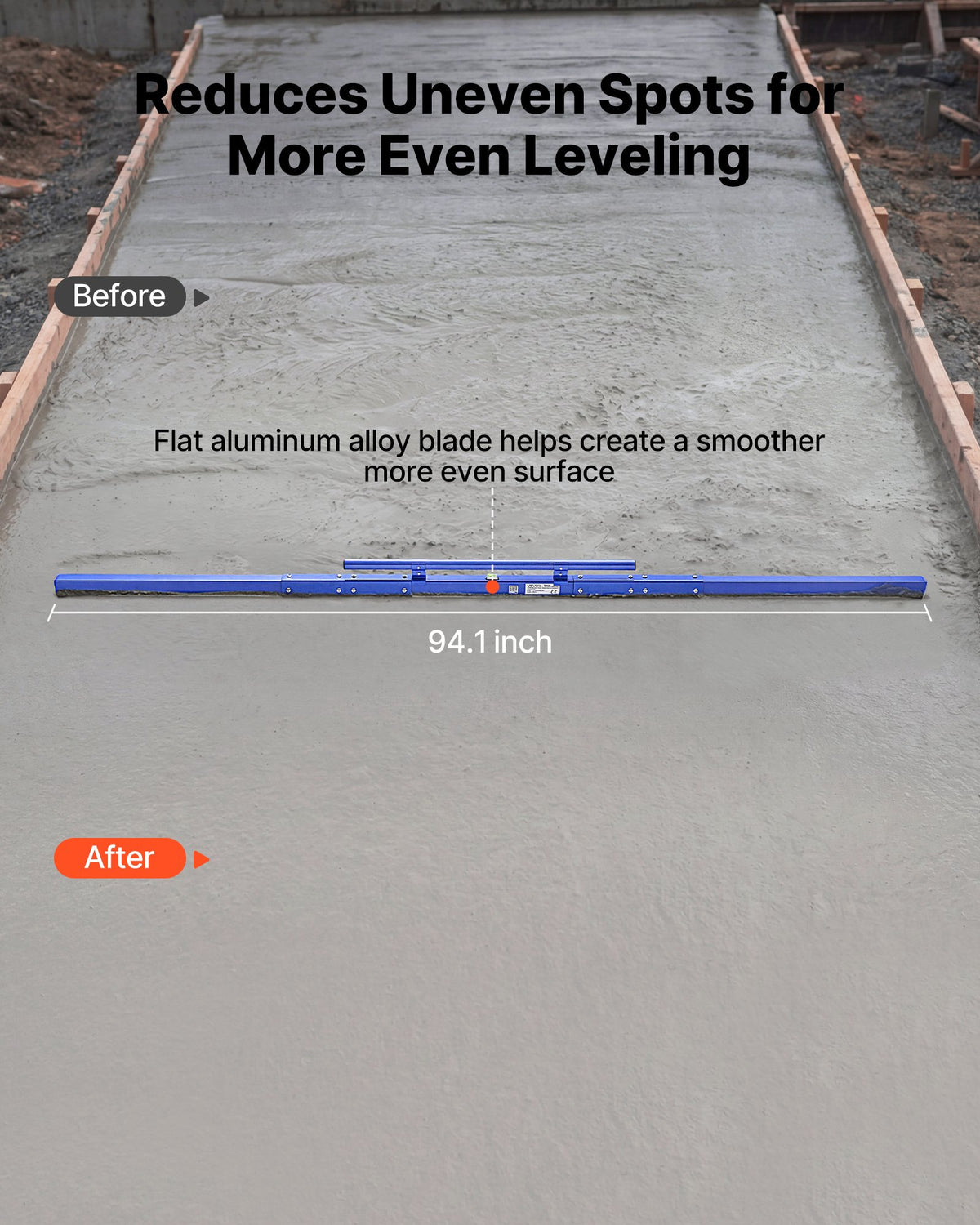 VEVOR Concrete Screed 2430 mm Manual Screed Board Aluminum Alloy Blue, Built-in Bubble Level, Powder-coated Finish, Lightweight Paver Leveling Tool for Patio, Sidewalk, Garage Floor Finishing