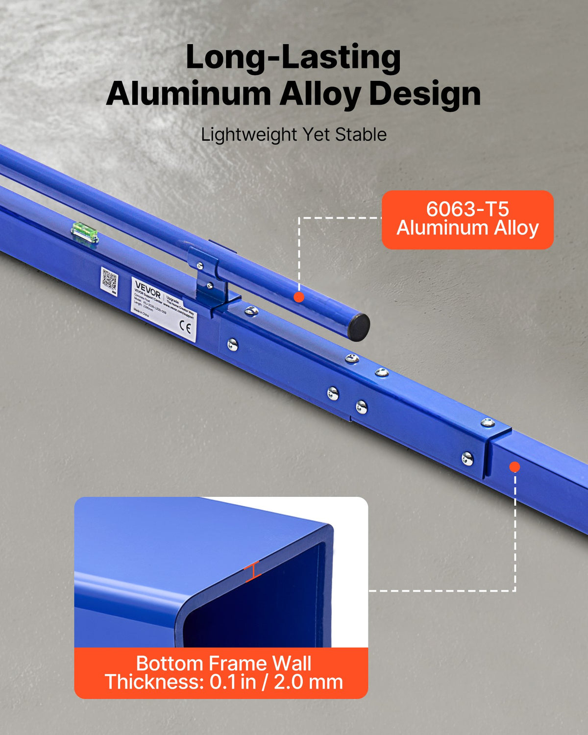 VEVOR Concrete Screed 2430 mm Manual Screed Board Aluminum Alloy Blue, Built-in Bubble Level, Powder-coated Finish, Lightweight Paver Leveling Tool for Patio, Sidewalk, Garage Floor Finishing