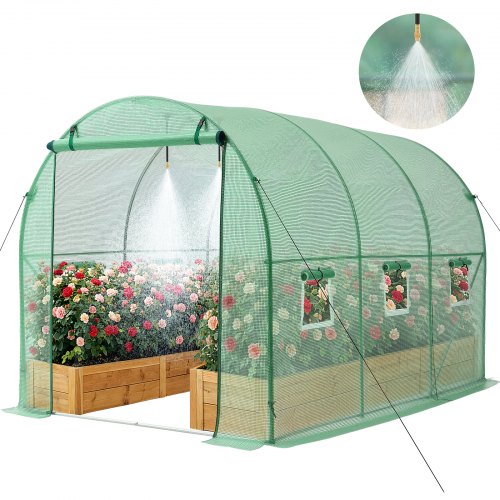 VEVOR Walk-in Tunnel Greenhouse, 2.93x1.97x1.94 m Hoop House Greenhouse Tunnel with Watering System, Plant Hot House with Steel Frame, PE Cover, Roll-Up Zipper Door and 6 Windows for Outdoors, Green