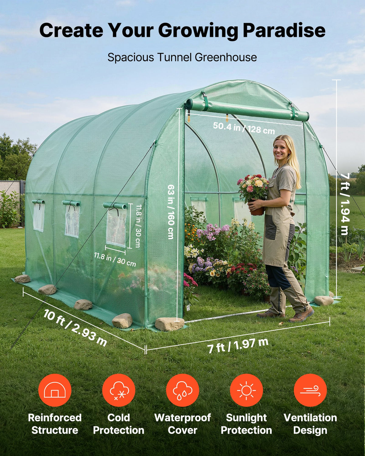 VEVOR Walk-in Tunnel Greenhouse, 2.93x1.97x1.94 m Hoop House Greenhouse Tunnel with Watering System, Plant Hot House with Steel Frame, PE Cover, Roll-Up Zipper Door and 6 Windows for Outdoors, Green