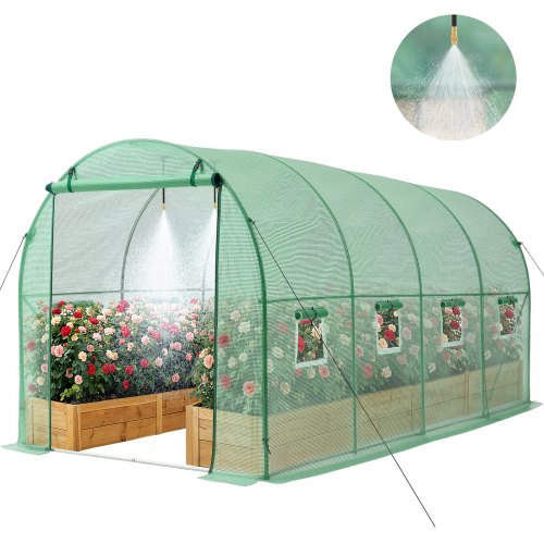VEVOR Walk-in Tunnel Greenhouse, 4.48x1.97x1.97 m Hoop House Greenhouse Tunnel with Watering System, Plant Hot House with Steel Frame, PE Cover, Roll-Up Zipper Door and 8 Windows for Outdoors, Green