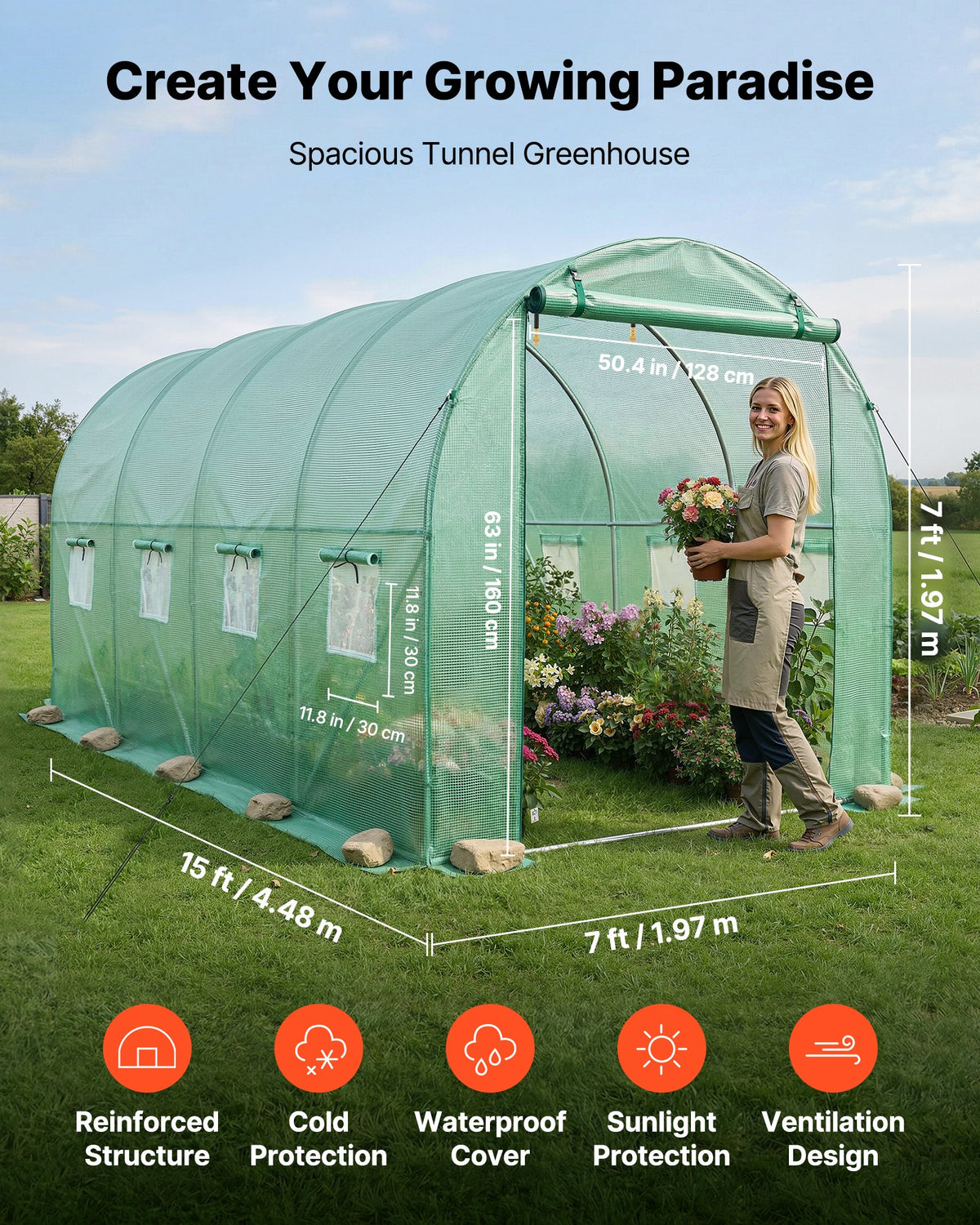 VEVOR Walk-in Tunnel Greenhouse, 4.48x1.97x1.97 m Hoop House Greenhouse Tunnel with Watering System, Plant Hot House with Steel Frame, PE Cover, Roll-Up Zipper Door and 8 Windows for Outdoors, Green