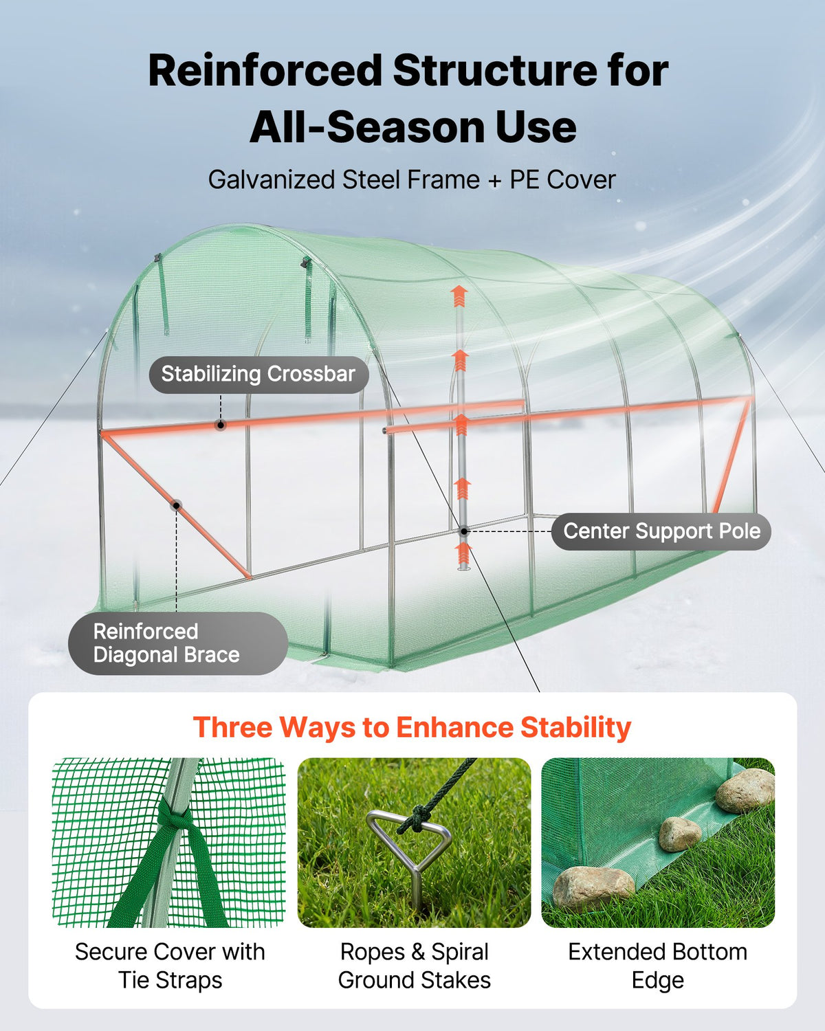 VEVOR Walk-in Tunnel Greenhouse, 4.48x1.97x1.97 m Hoop House Greenhouse Tunnel with Watering System, Plant Hot House with Steel Frame, PE Cover, Roll-Up Zipper Door and 8 Windows for Outdoors, Green