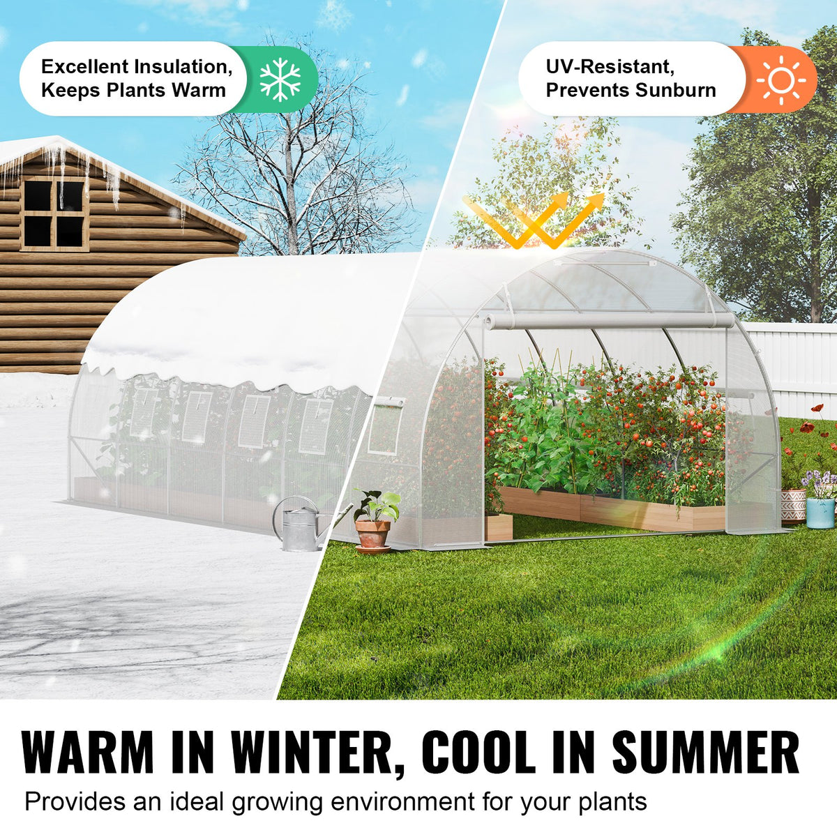 VEVOR Walk-in Tunnel Greenhouse, 19.4x9.7x6.5 ft Hoop House Greenhouse Tunnel, Plant Hot House with Galvanized Steel Frame, White PE Cover, Roll-up Zipper Door and 12 Windows for Outdoor