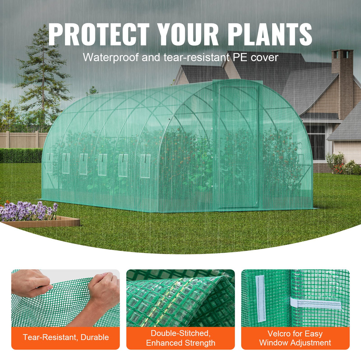 VEVOR Walk-in Tunnel Greenhouse, 19.4x9.7x7.4 ft Hoop House Greenhouse Tunnel, Plant Hot House with Galvanized Steel Frame, Green PE Cover, Swing Door and 12 Roll-up Windows for Outdoor