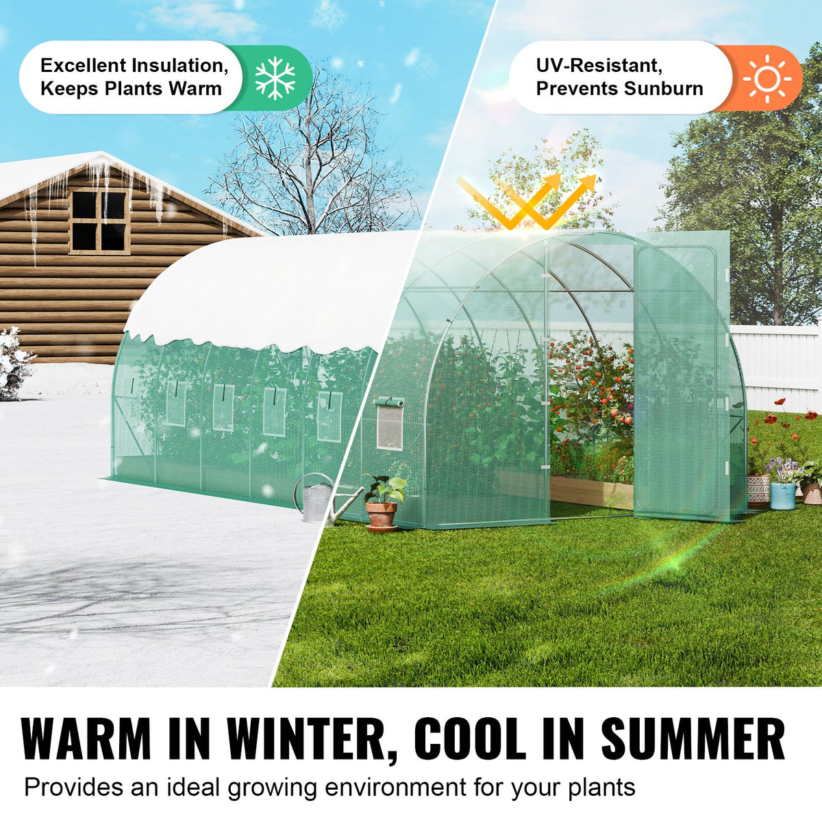VEVOR Walk-in Tunnel Greenhouse, 19.4x9.7x7.4 ft Hoop House Greenhouse Tunnel, Plant Hot House with Galvanized Steel Frame, Green PE Cover, Swing Door and 12 Roll-up Windows for Outdoor