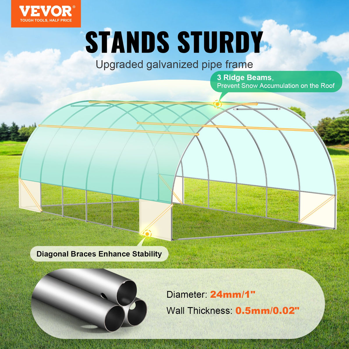 VEVOR Walk-in Tunnel Greenhouse, 19.4x9.7x6.5 ft Hoop House Greenhouse Tunnel, Plant Hot House with Galvanized Steel Frame, Green PE Cover, Roll-up Zipper Door and 12 Windows for Outdoor