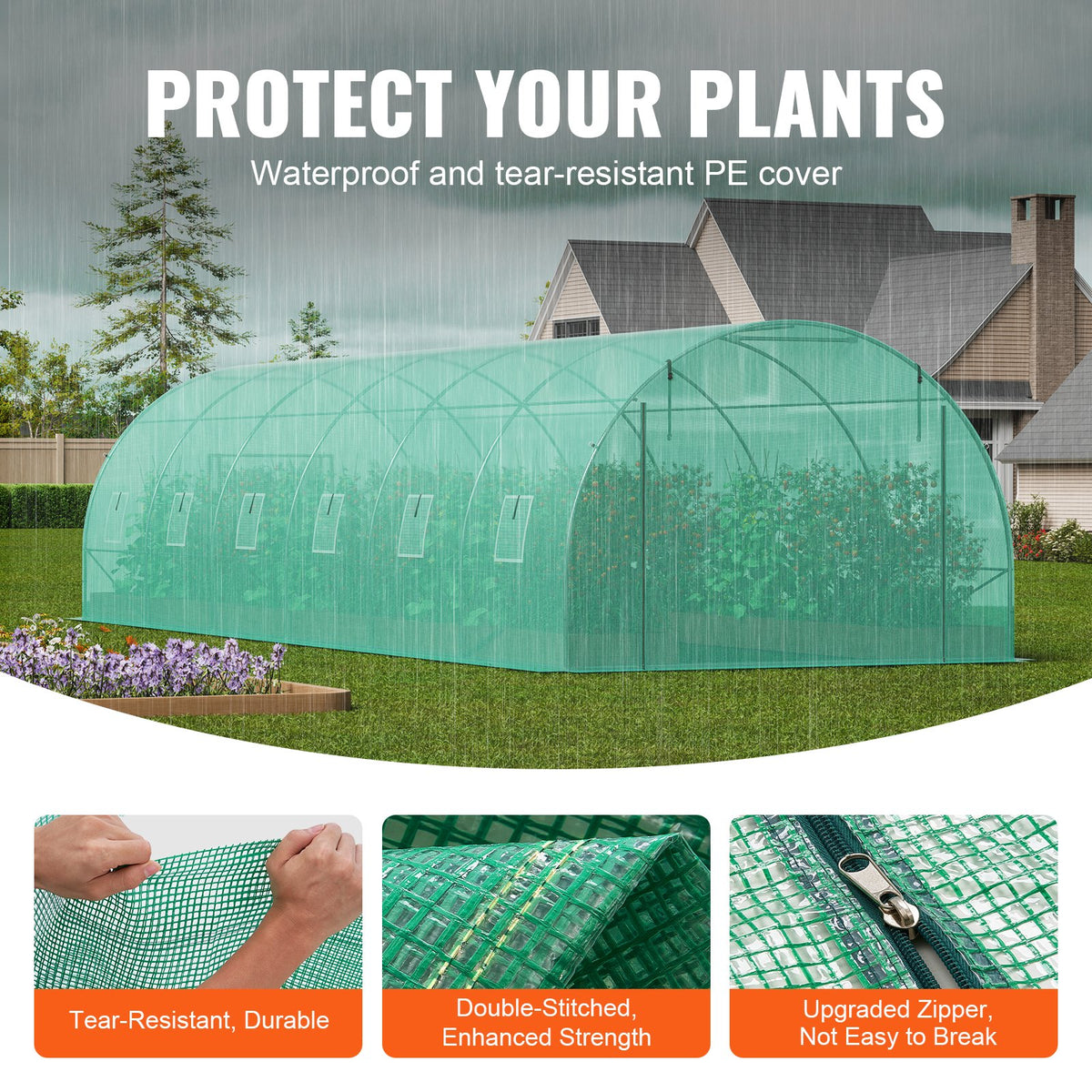 VEVOR Walk-in Tunnel Greenhouse, 29.2x9.7x6.5 ft Hoop House Greenhouse Tunnel, Plant Hot House with Galvanized Steel Frame, Green PE Cover, Roll-up Zipper Door and 12 Windows for Outdoor