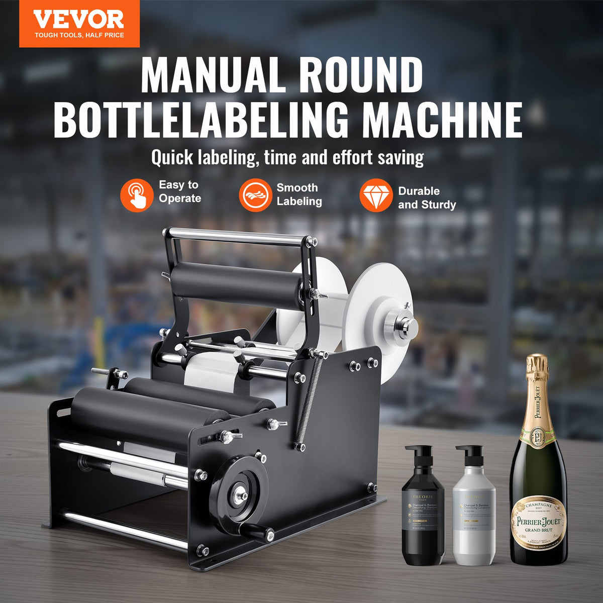 VEVOR Manual Round Labeling Machine, 15-20pcs/min, Bottle Label Applicator for Round Bottles, Adjustable Manual Round Bottle Labeler Suitable for Bottle Diameter 1.98-11.99 cm (with Pressing Bar)