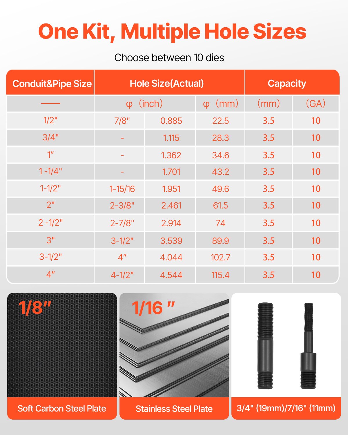 VEVOR Knockout Punch Set, 147.1 kN Hydraulic Knockout Set, 12.7 to 101.6mm KO Tool Kit Hole Making Tool, KO Tools Kit W/10 Dies for Metal Electrical Cabinet, Electrical Control Cabinet, Switch Cabinet
