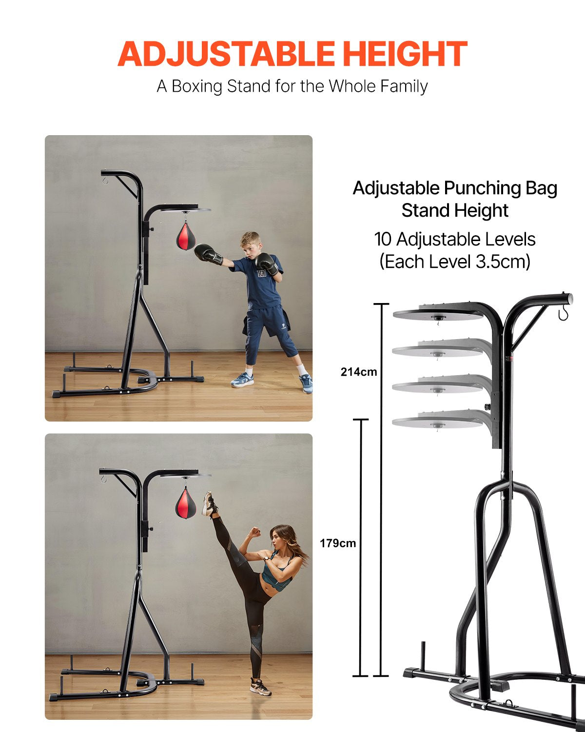 VEVOR 2 in 1 Punching Bag Stand, Steel Heavy Duty Workout Equipment, Adjustable Height Boxing Punching Bag and Speed Bag Stand, Freestanding Sandbag Rack, Holds Up to 140 lbs, for Home Gym Fitness