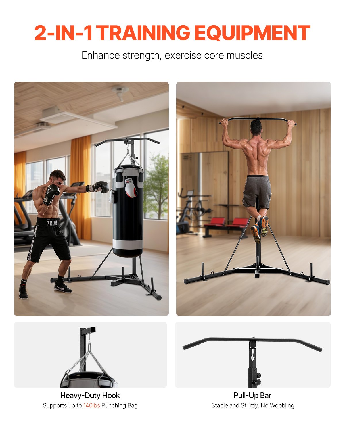 VEVOR 2 in 1 Punching Bag Stand, Steel Heavy Duty Workout Equipment, Adjustable Height Boxing Punching Bag Stand with Pull Up Bar, Freestanding Sandbag Rack, Holds Up to 140 lbs, for Home Gym Fitness