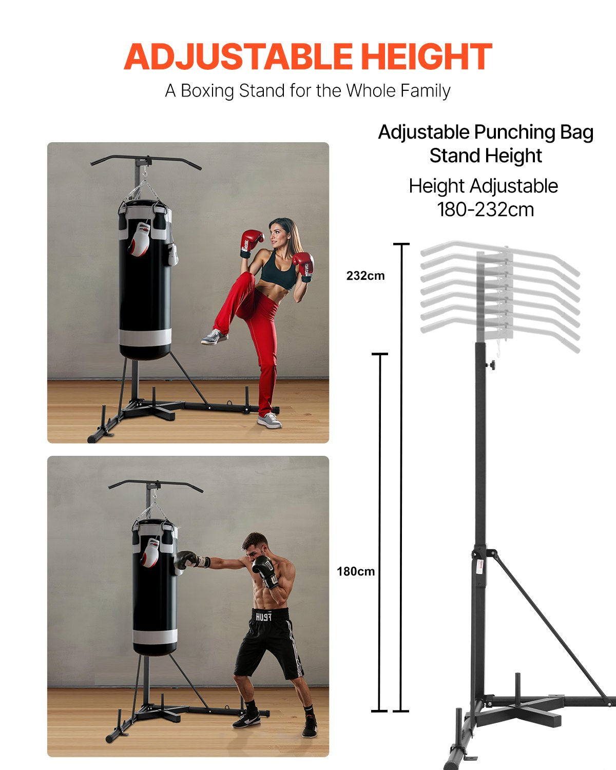 VEVOR 2 in 1 Punching Bag Stand, Steel Heavy Duty Workout Equipment, Adjustable Height Boxing Punching Bag Stand with Pull Up Bar, Freestanding Sandbag Rack, Holds Up to 140 lbs, for Home Gym Fitness