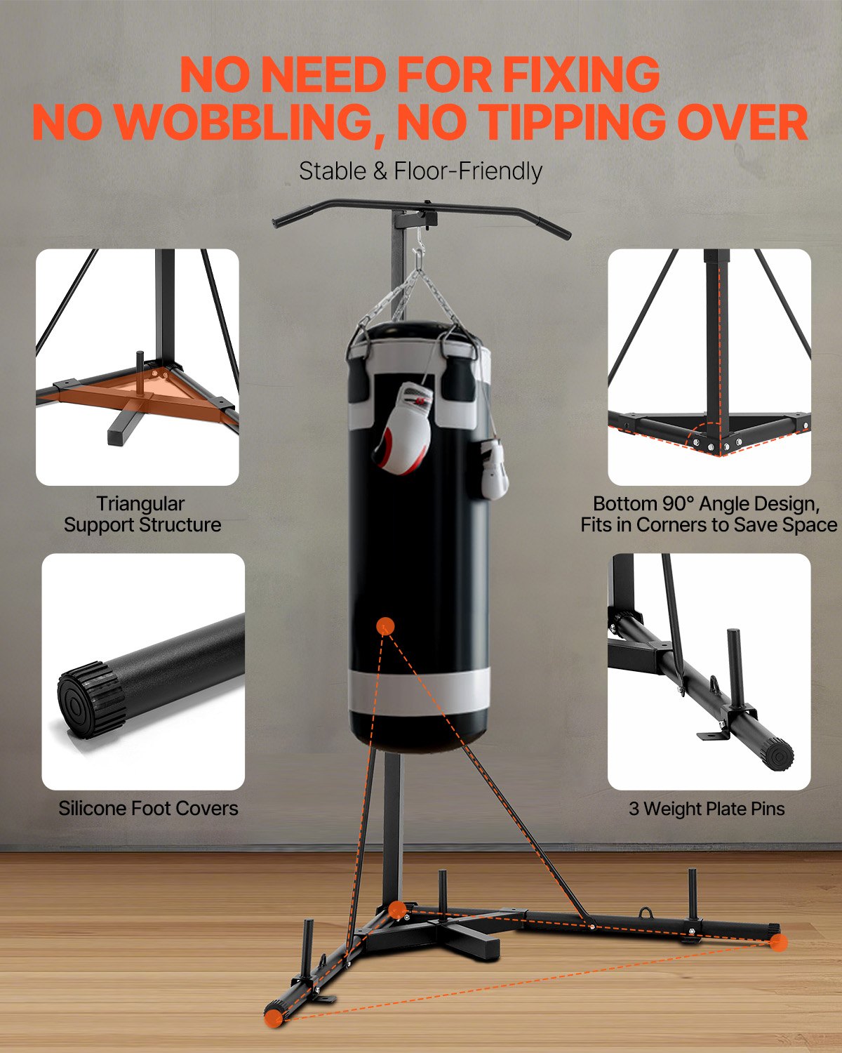 VEVOR 2 in 1 Punching Bag Stand, Steel Heavy Duty Workout Equipment, Adjustable Height Boxing Punching Bag Stand with Pull Up Bar, Freestanding Sandbag Rack, Holds Up to 140 lbs, for Home Gym Fitness