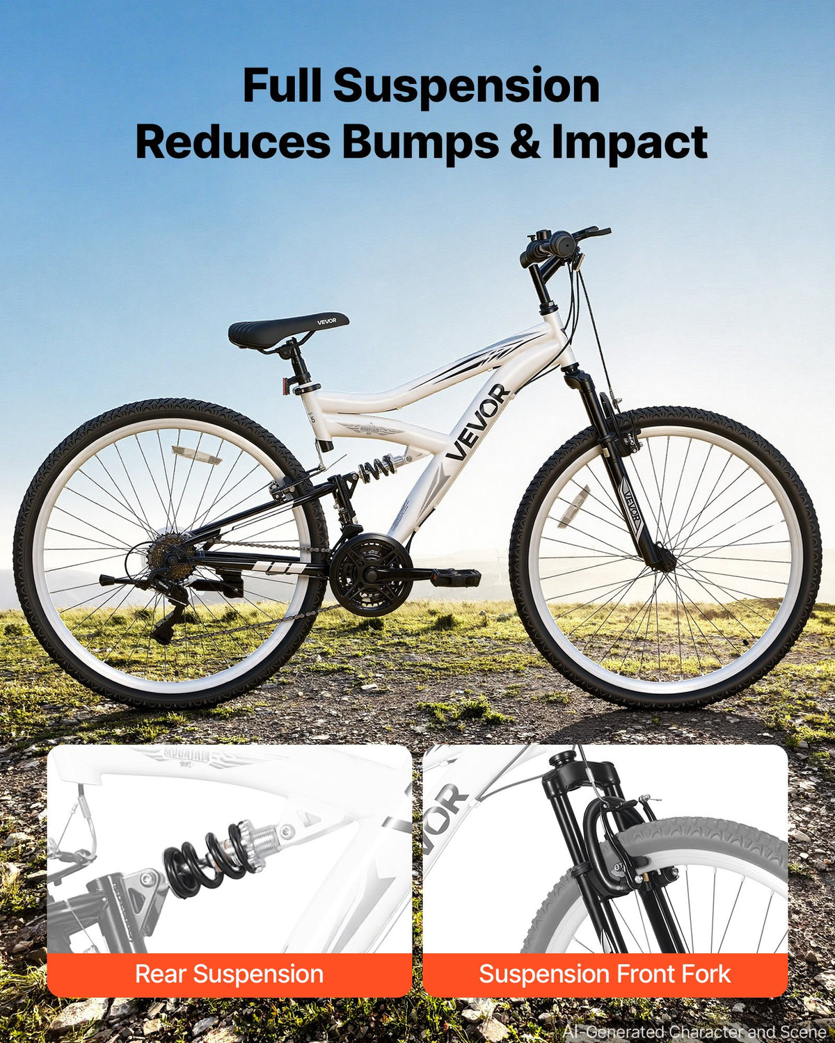 VEVOR Mountain Bike for Men and Women 70 cm Outdoor Bicycle 18 Speeds, Adult Bikes with Full Suspension, Adjustable Saddle, All-Terrain Tires, High Carbon Steel Frame, Dual Brakes, Pre-Assembled