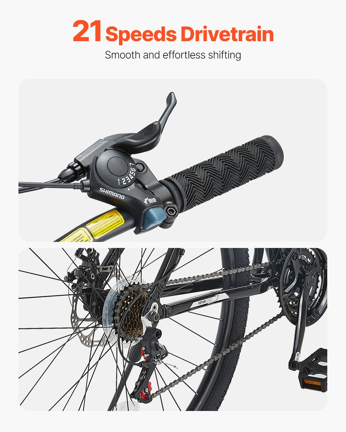 VEVOR Mountain Bike, 29 inch MTB Bicycle with Front Suspension, 21 Speeds SHIMANO Twist Shifting, Comfort Saddle, Dual Disc Brakes, Aluminum Alloy Frame, Adult Sport Cycling Bicycle for Men Women Trail Snow