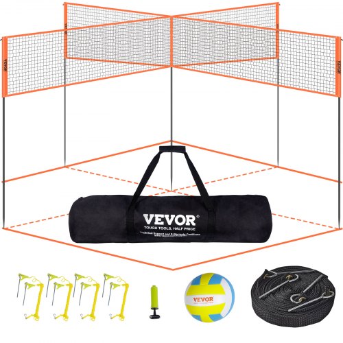 VEVOR 4-Way Volleyball Net, Adjustable Height Badminton Net Set for Backyard Beach Lawn, Outdoor Portable Volleyball Net with Carrying Bag, 4 Square Quick Assemble Game Set For Kids And Adults