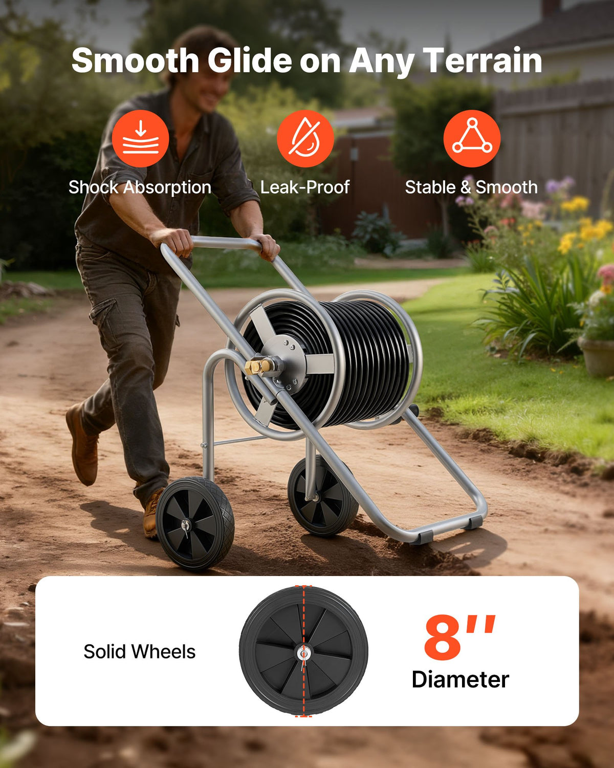 VEVOR Hose Reel Cart, Hold Up to 175 ft of 5/8’’ Hose (Hose Not Included), Garden Water Hose Carts Mobile Tools with Wheels, Heavy Duty Powder-coated Steel Outdoor Planting for Garden, Yard, Lawn