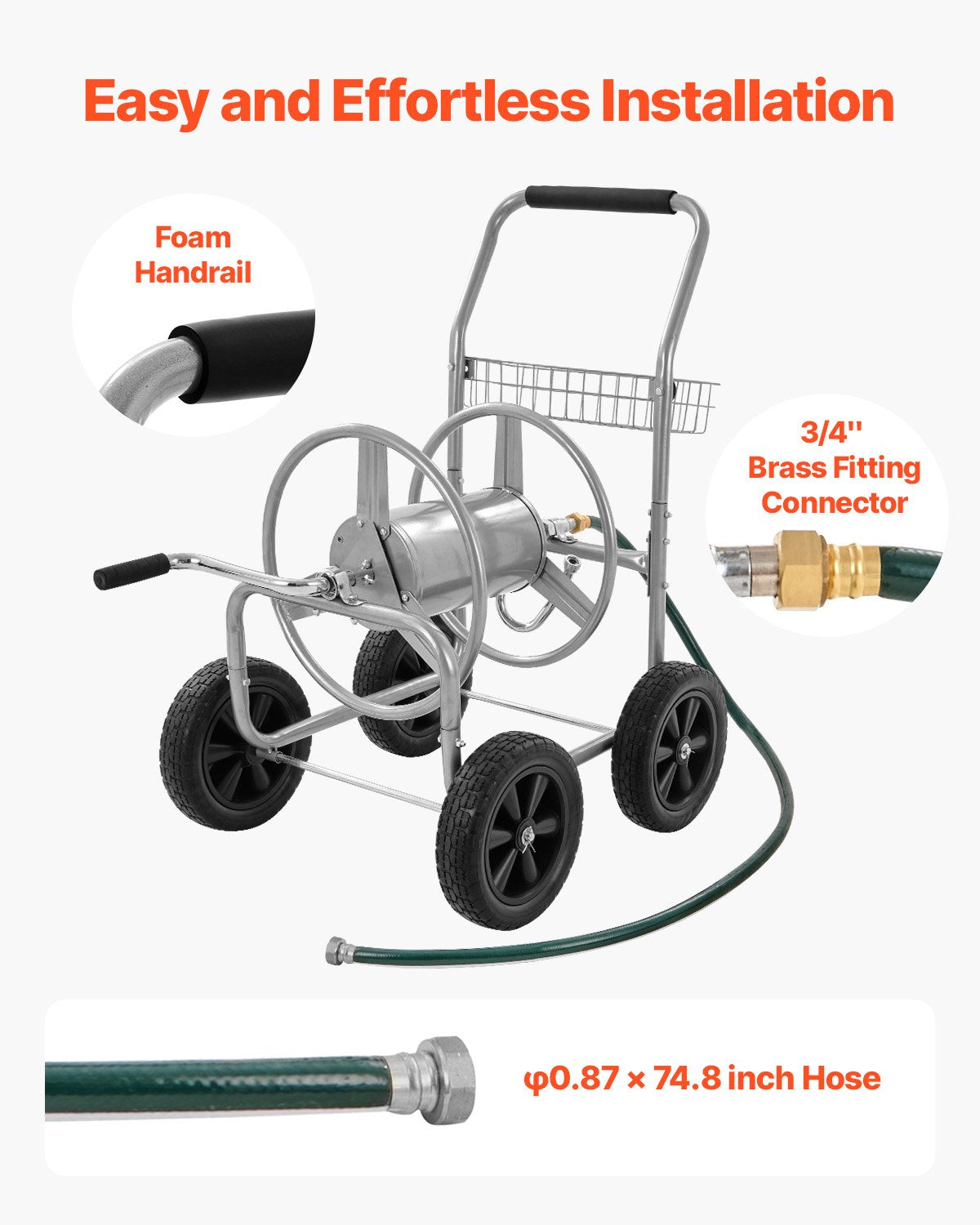 VEVOR Hose Reel Cart, Hold Up to 250 ft of 5/8’’ Hose, Garden Water Hose Carts Mobile Tools with 4 Wheels, Heavy Duty Powder-coated Steel Outdoor Planting with Storage Basket, for Garden, Yard, Lawn