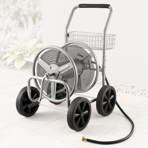VEVOR Hose Reel Cart, Hold Up to 91.44 m of 1.59 cm Hose, Garden Water Hose Carts Mobile Tools with 4 Wheels, Heavy Duty Powder-coated Steel Outdoor Planting with Storage Basket, for Garden, Yard, Lawn
