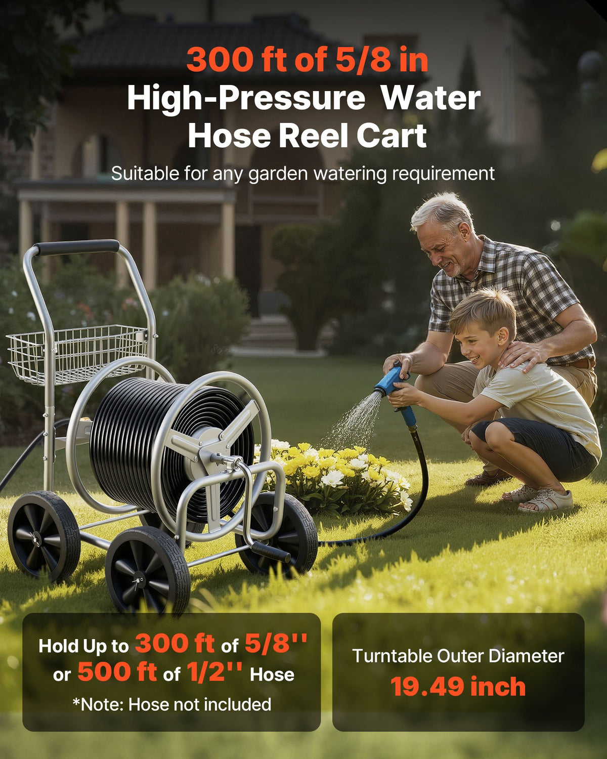 VEVOR Hose Reel Cart, Hold Up to 91.44 m of 1.59 cm Hose, Garden Water Hose Carts Mobile Tools with 4 Wheels, Heavy Duty Powder-coated Steel Outdoor Planting with Storage Basket, for Garden, Yard, Lawn