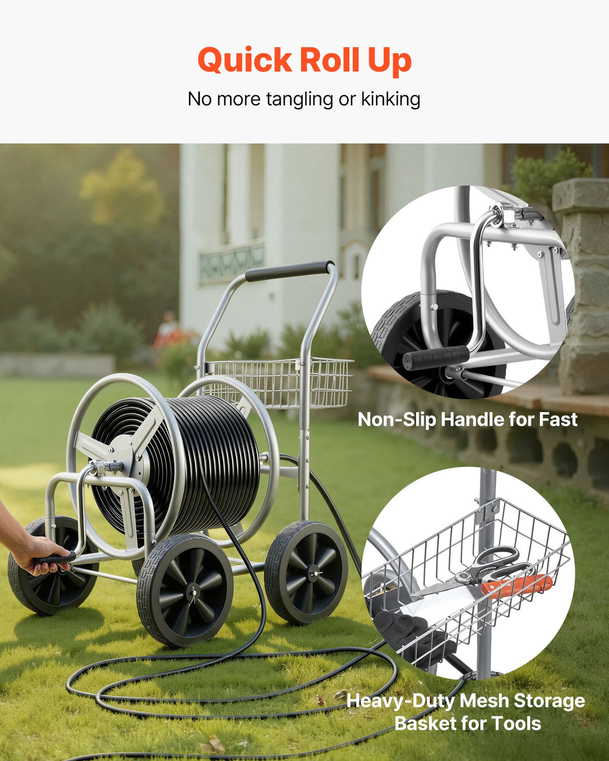 VEVOR Hose Reel Cart, Hold Up to 91.44 m of 1.59 cm Hose, Garden Water Hose Carts Mobile Tools with 4 Wheels, Heavy Duty Powder-coated Steel Outdoor Planting with Storage Basket, for Garden, Yard, Lawn