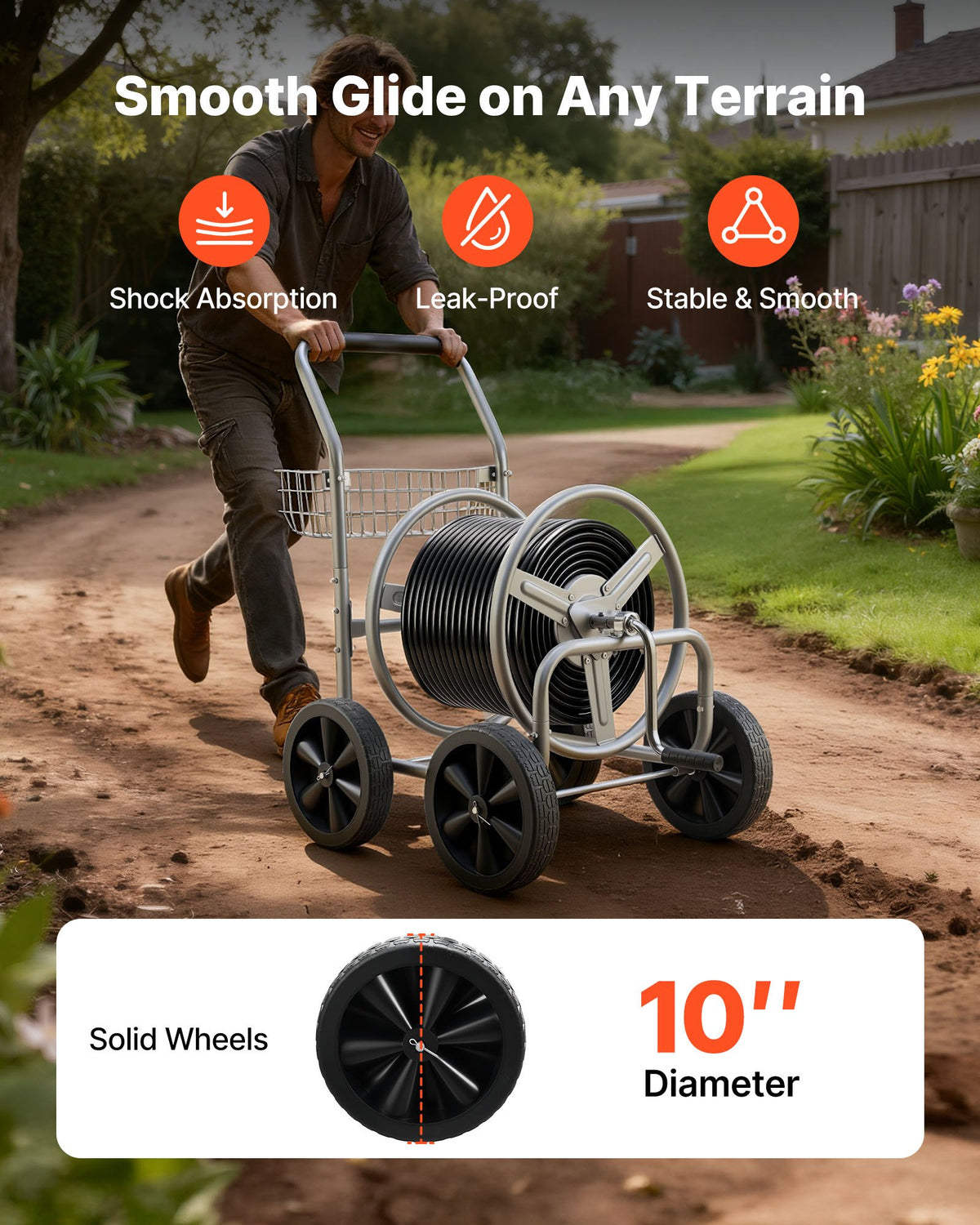 VEVOR Hose Reel Cart, Hold Up to 91.44 m of 1.59 cm Hose, Garden Water Hose Carts Mobile Tools with 4 Wheels, Heavy Duty Powder-coated Steel Outdoor Planting with Storage Basket, for Garden, Yard, Lawn