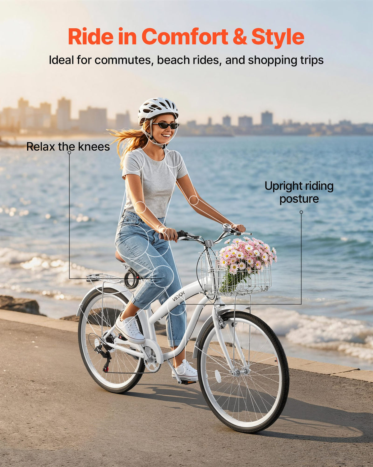 VEVOR Women Bike, 66cm Beach Cruiser Bike, 7-Speed Adult City Bicycle with Carbon Steel Frame, 150kg Capacity, Basket, Rear Rack & Dual V-Brakes, White