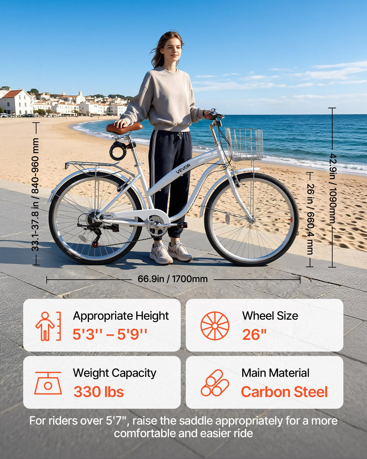 VEVOR Women Bike, 66cm Beach Cruiser Bike, 7-Speed Adult City Bicycle with Carbon Steel Frame, 150kg Capacity, Basket, Rear Rack & Dual V-Brakes, White