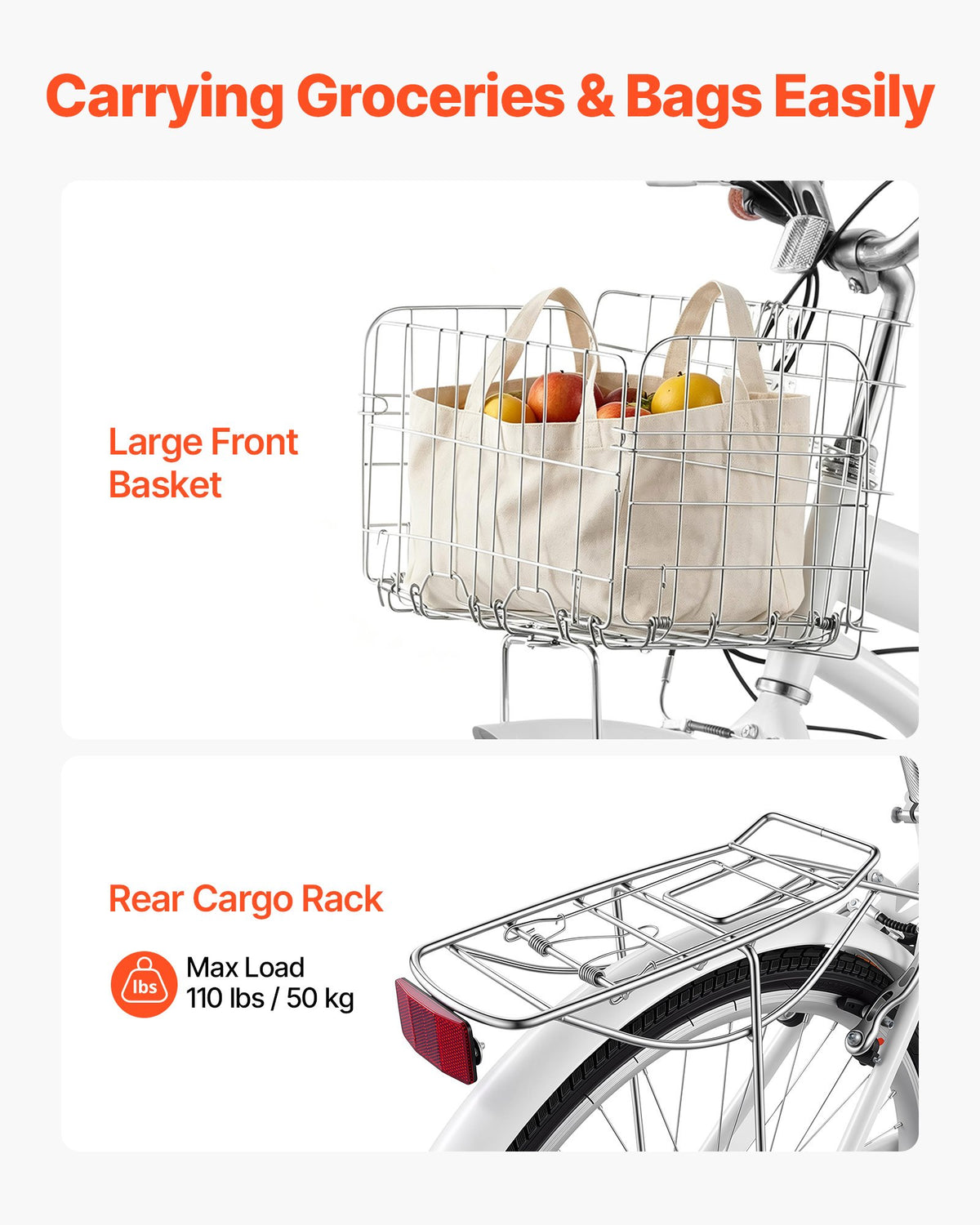 VEVOR Women Bike, 66cm Beach Cruiser Bike, 7-Speed Adult City Bicycle with Carbon Steel Frame, 150kg Capacity, Basket, Rear Rack & Dual V-Brakes, White