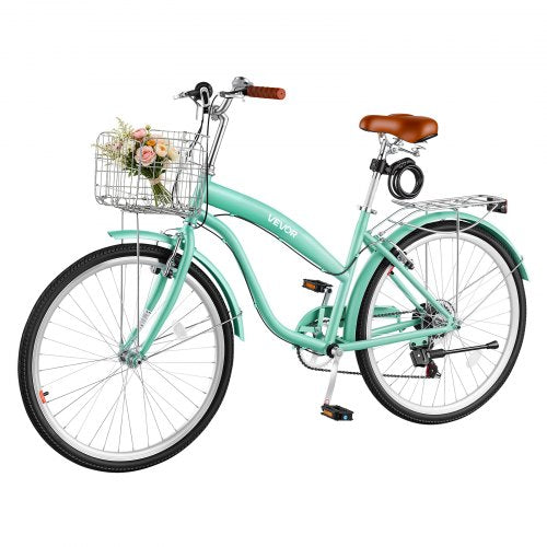 VEVOR Women Bike, 66cm Beach Cruiser Bike, 7-Speed Adult City Bicycle with Carbon Steel Frame, 150kg Capacity, Basket, Rear Rack & Dual V-Brakes, Light Green