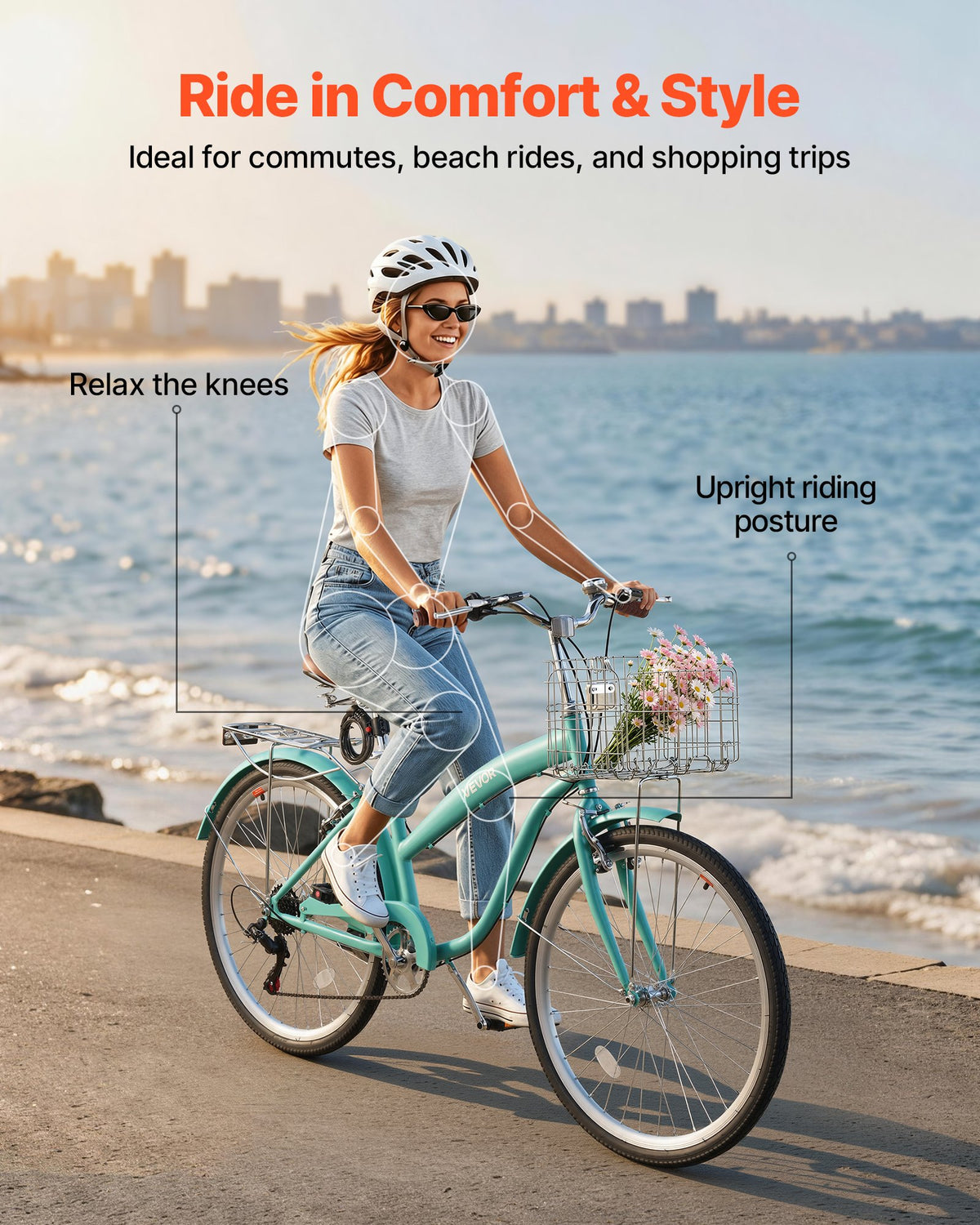 VEVOR Women Bike, 66cm Beach Cruiser Bike, 7-Speed Adult City Bicycle with Carbon Steel Frame, 150kg Capacity, Basket, Rear Rack & Dual V-Brakes, Light Green