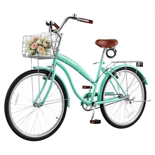 VEVOR Women Bike, 66cm Beach Cruiser Bike, Single-Speed Adult City Bicycle with Steel Frame, 150kg Capacity, Basket, Rear Rack & Dual V-Brakes, Light Green
