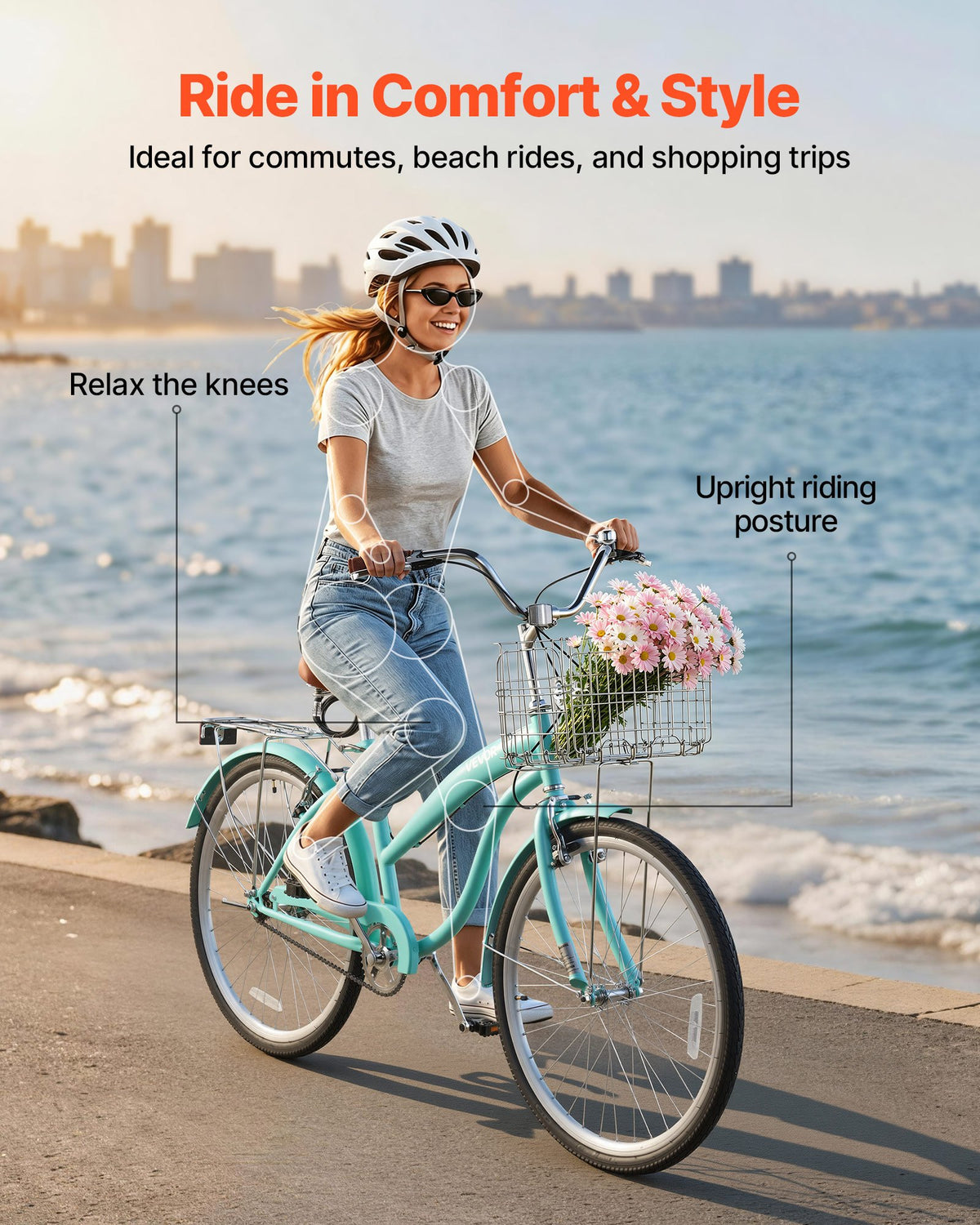 VEVOR Women Bike, 66cm Beach Cruiser Bike, Single-Speed Adult City Bicycle with Steel Frame, 150kg Capacity, Basket, Rear Rack & Dual V-Brakes, Light Green