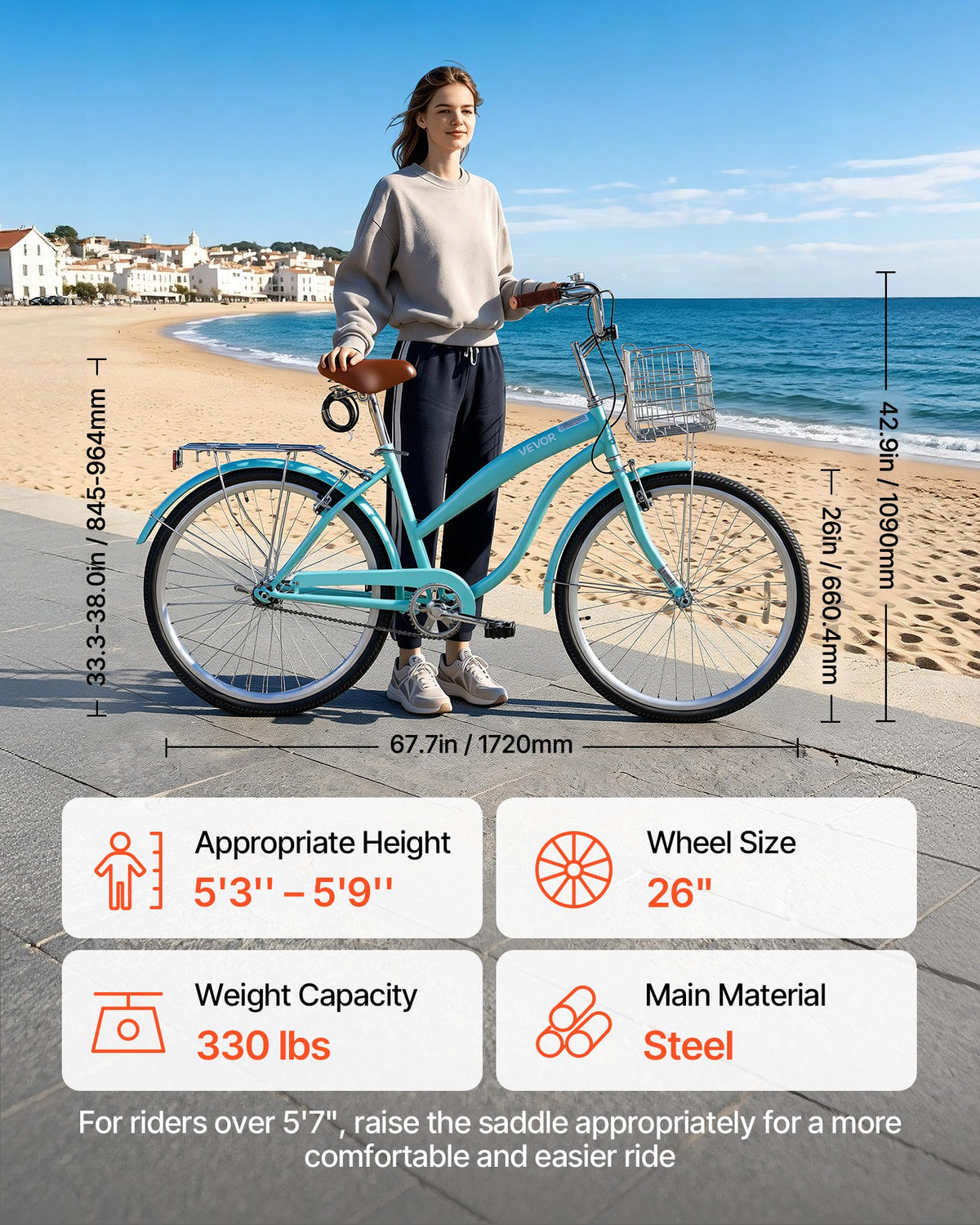 VEVOR Women Bike, 66cm Beach Cruiser Bike, Single-Speed Adult City Bicycle with Steel Frame, 150kg Capacity, Basket, Rear Rack & Dual V-Brakes, Light Green