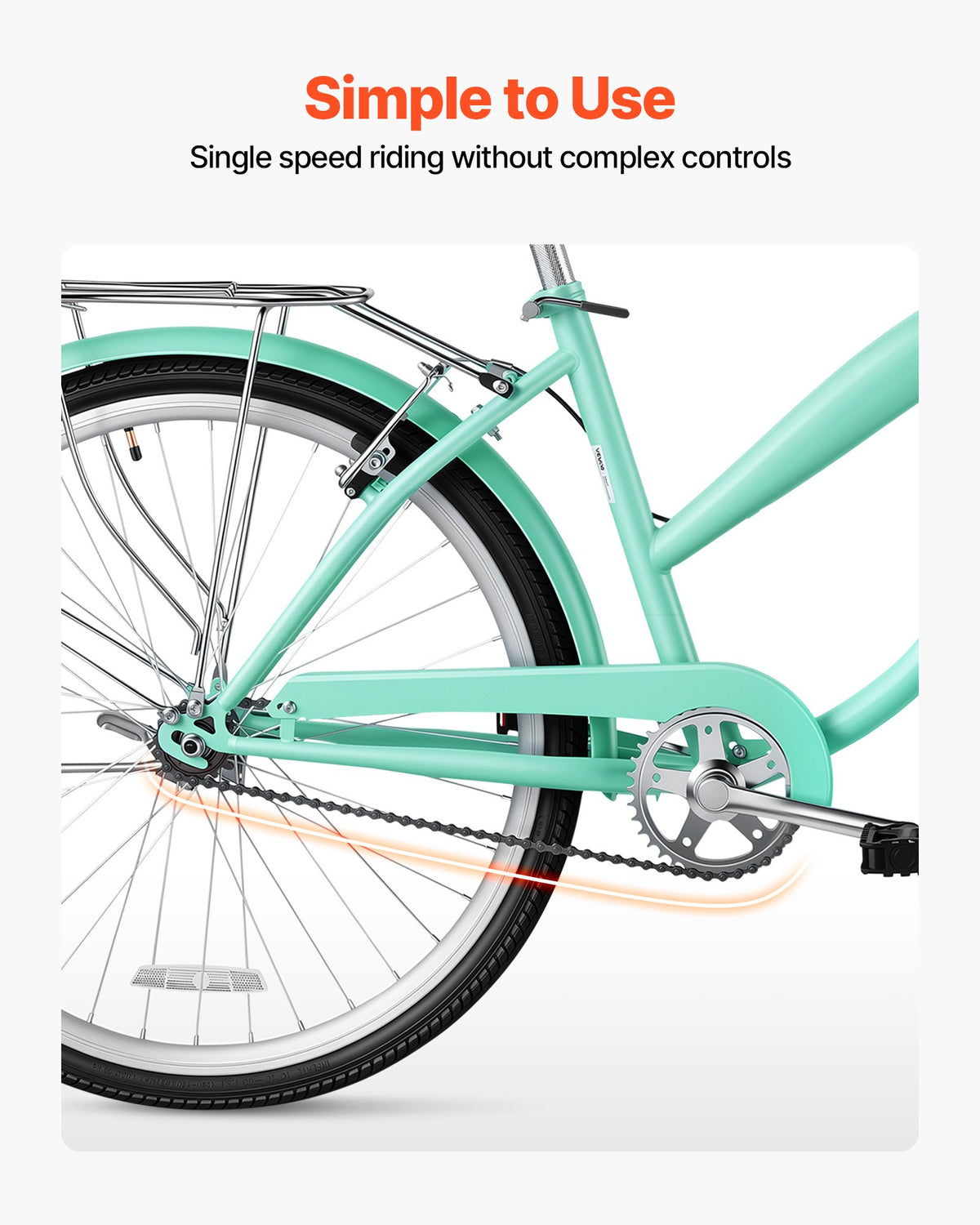 VEVOR Women Bike, 66cm Beach Cruiser Bike, Single-Speed Adult City Bicycle with Steel Frame, 150kg Capacity, Basket, Rear Rack & Dual V-Brakes, Light Green