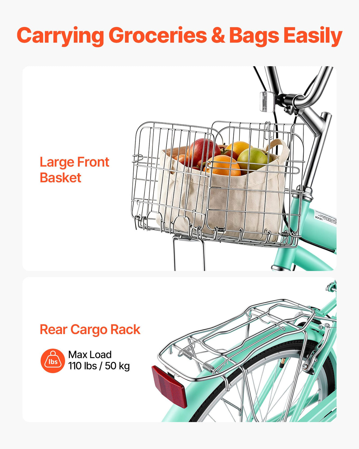VEVOR Women Bike, 66cm Beach Cruiser Bike, Single-Speed Adult City Bicycle with Steel Frame, 150kg Capacity, Basket, Rear Rack & Dual V-Brakes, Light Green